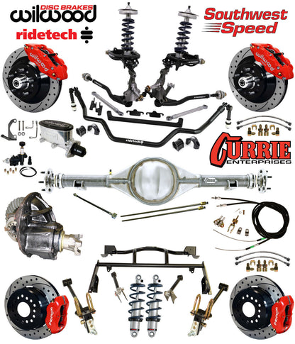 COILOVER & 4-LINK SYSTEM,CURRIE REAR END,WILWOOD 13"/12" DRILLED,RED,64-66 FORD