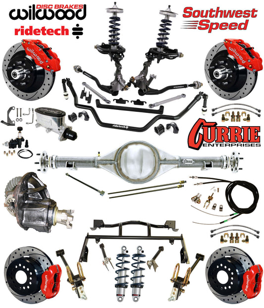 COILOVER & 4-LINK SYSTEM,CURRIE REAR END,WILWOOD 13"/12" DRILLED,RED,64-66 FORD