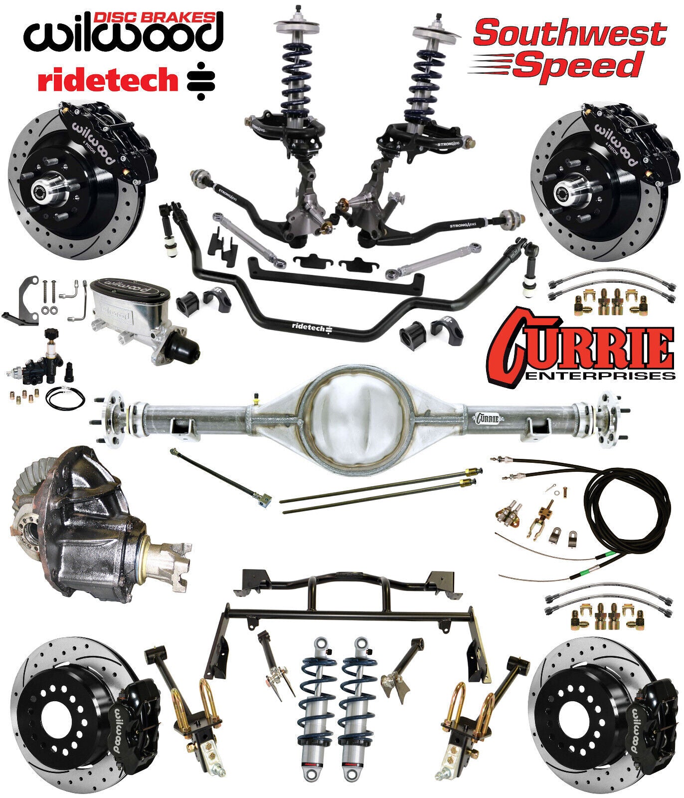 COILOVER & 4-LINK SYSTEM,CURRIE REAR END,WILWOOD 13"/12" DRILLED,BLACK,64-66