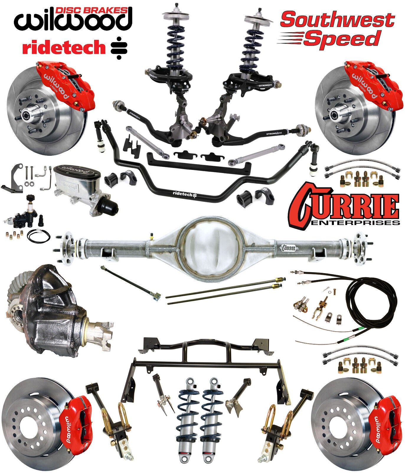 COILOVER & 4-LINK SYSTEM,CURRIE REAR END,WILWOOD 13"/12" BRAKES,RED,64-66 FORD