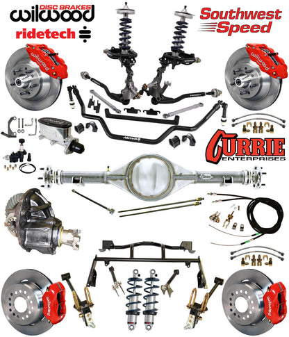 COILOVER & 4-LINK SYSTEM,CURRIE REAR END,WILWOOD 13"/12" BRAKES,RED,64-66 FORD