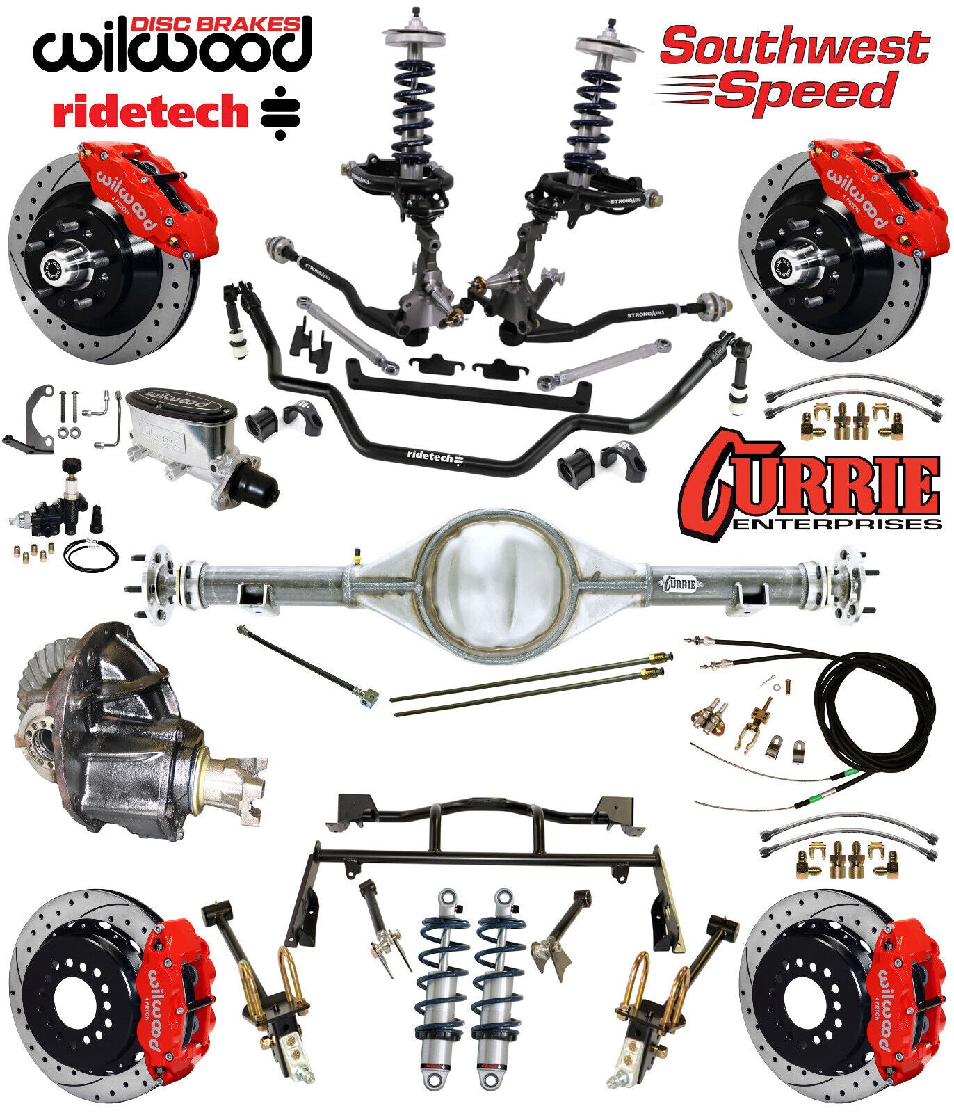COILOVER & 4-LINK SYSTEM,CURRIE REAR END,WILWOOD 13" DRILLED BRAKES,RED,64-66
