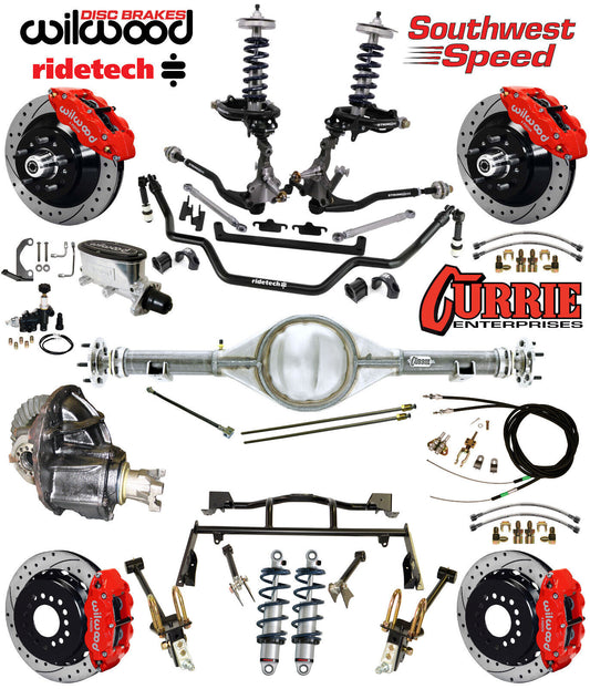 COILOVER & 4-LINK SYSTEM,CURRIE REAR END,WILWOOD 13" DRILLED BRAKES,RED,64-66