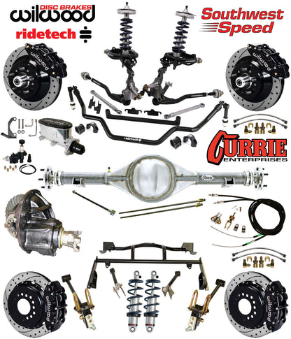 COILOVER & 4-LINK SYSTEM,CURRIE REAR END,WILWOOD 13" DRILLED BRAKES,BLACK,64-66