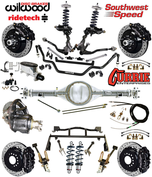 COILOVER & 4-LINK SYSTEM,CURRIE REAR END,WILWOOD 13" DRILLED BRAKES,BLACK,64-66