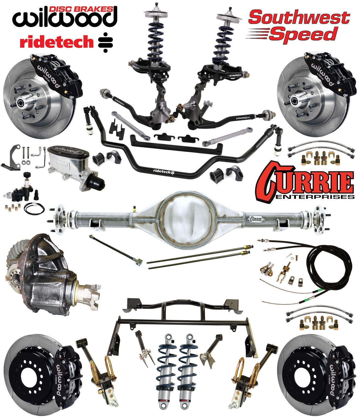 COILOVER & 4-LINK SYSTEM,CURRIE REAR END,WILWOOD 13" BRAKES,BLACK,64-66 MUSTANG