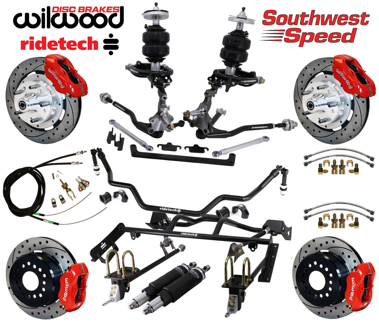 AIR RIDE & 4-LINK SYSTEM,ARMS,WILWOOD 12" DRILLED BRAKES,RED CALIPERS,64-66 FORD