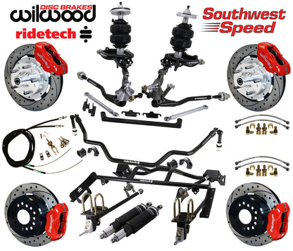 AIR RIDE & 4-LINK SYSTEM,ARMS,WILWOOD 12" DRILLED BRAKES,RED CALIPERS,64-66 FORD