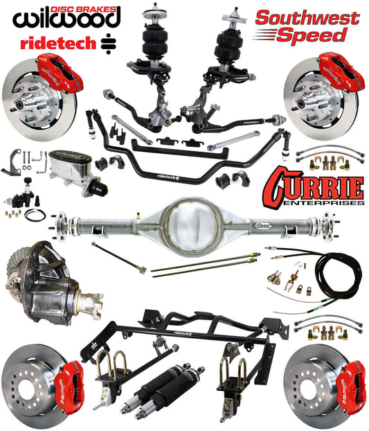AIR RIDE & 4-LINK SYSTEM,CURRIE REAR END,WILWOOD 12" BRAKES,RED,64-66 MUSTANG