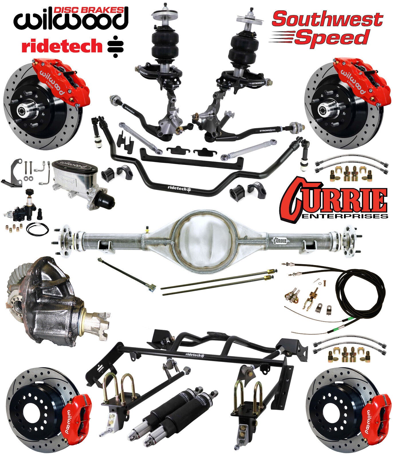 AIR RIDE & 4-LINK SYSTEM,CURRIE REAR END,WILWOOD 13"/12" DRILLED,RED,64-66 FORD