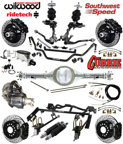 AIR RIDE & 4-LINK SYSTEM,CURRIE REAR END,WILWOOD 13"/12" DRILLED,BLACK,64-66