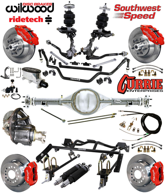 AIR RIDE & 4-LINK SYSTEM,CURRIE REAR END,WILWOOD 13"/12" BRAKES,RED,64-66 FORD