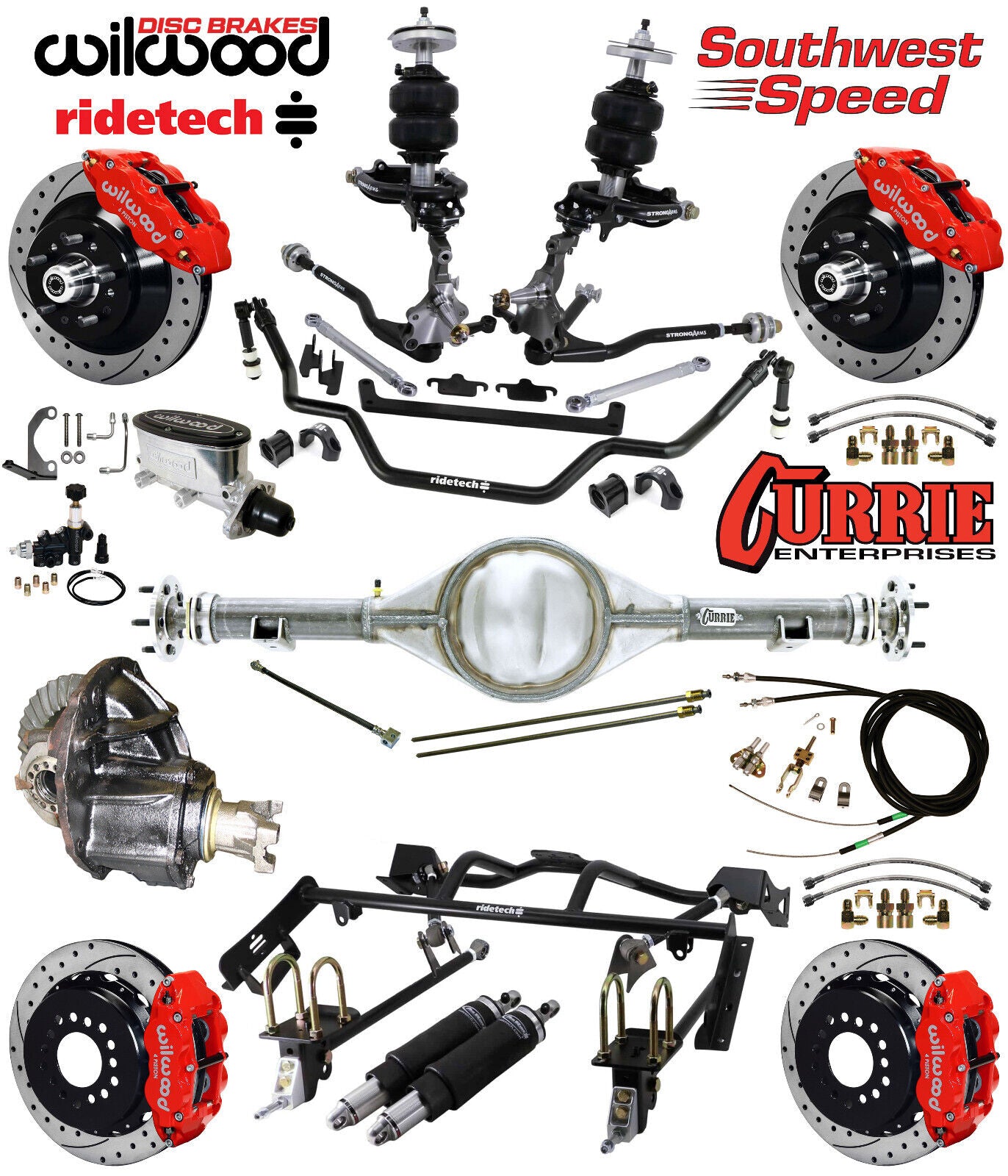 AIR RIDE & 4-LINK SYSTEM,CURRIE REAR END,WILWOOD 13" DRILLED BRAKES,RED,64-66