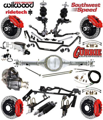 AIR RIDE & 4-LINK SYSTEM,CURRIE REAR END,WILWOOD 13" DRILLED BRAKES,RED,64-66