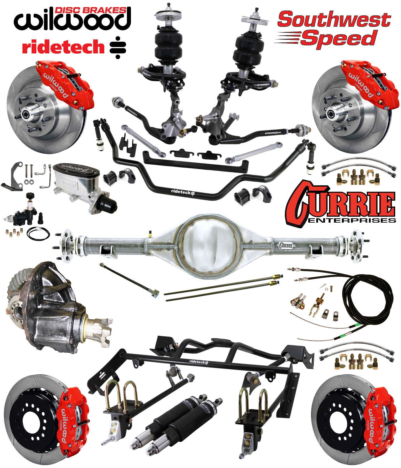 AIR RIDE & 4-LINK SYSTEM,CURRIE REAR END,WILWOOD 13" BRAKES,RED,64-66 MUSTANG