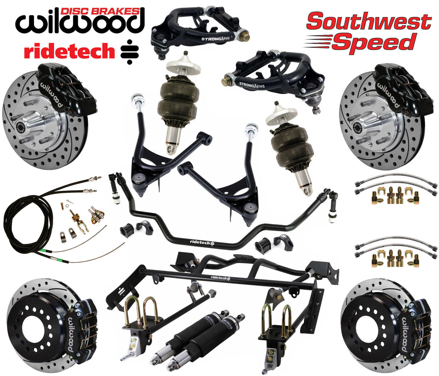 AIR RIDE & 4-LINK SYSTEM,ARMS,WILWOOD 11" DRILLED BRAKES,BLACK CALIPERS,67-70
