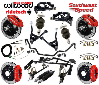 AIR RIDE & 4-LINK SYSTEM,ARMS,WILWOOD 13" DRILLED BRAKES,RED CALIPERS,67-70 FORD