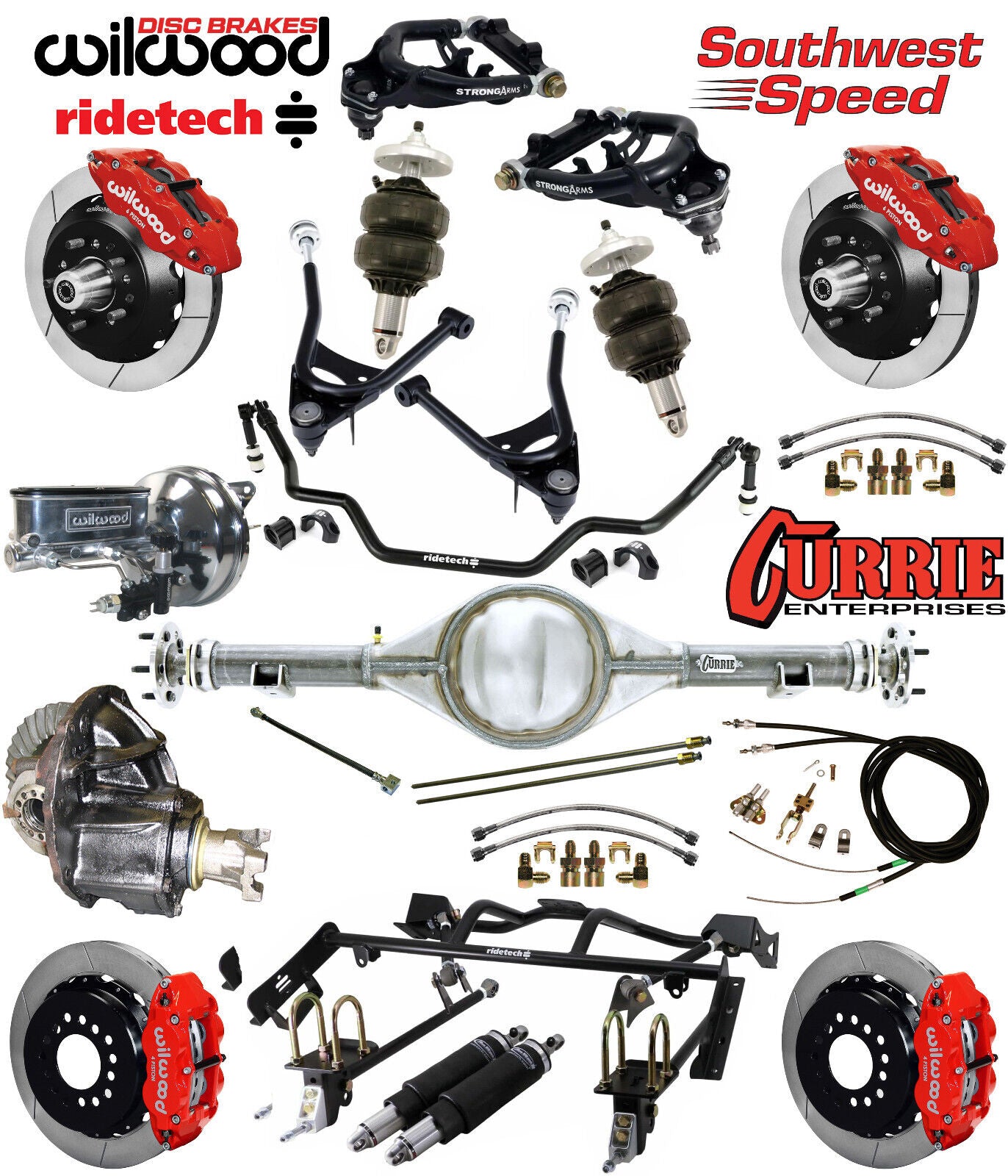 AIR RIDE & 4-LINK SYSTEM,CURRIE REAR END,WILWOOD 13" BRAKES,RED,67-70 MUSTANG