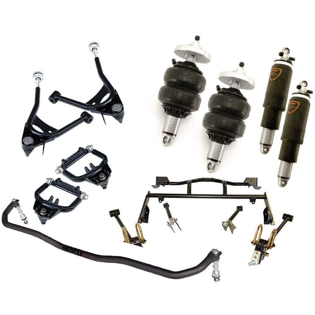 AIR RIDE & 4-LINK SYSTEM,CURRIE REAR END,WILWOOD 13" BRAKES,RED,67-70 MUSTANG