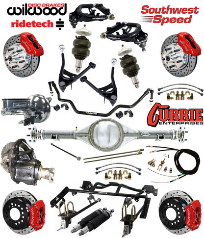 AIR RIDE & 4-LINK SYSTEM,CURRIE REAR END,WILWOOD 11" DRILLED BRAKES,RED,67-70