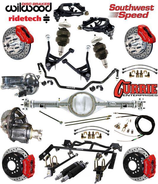 AIR RIDE & 4-LINK SYSTEM,CURRIE REAR END,WILWOOD 11" DRILLED BRAKES,RED,67-70