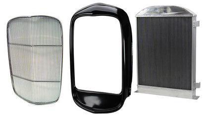 First.Racing 3-Row Aluminum Radiator For 1932 Ford Hot Rod W/ Chevy 350 V8 - 22.76" X 19.76" - Downflow W/ Trans Cooler