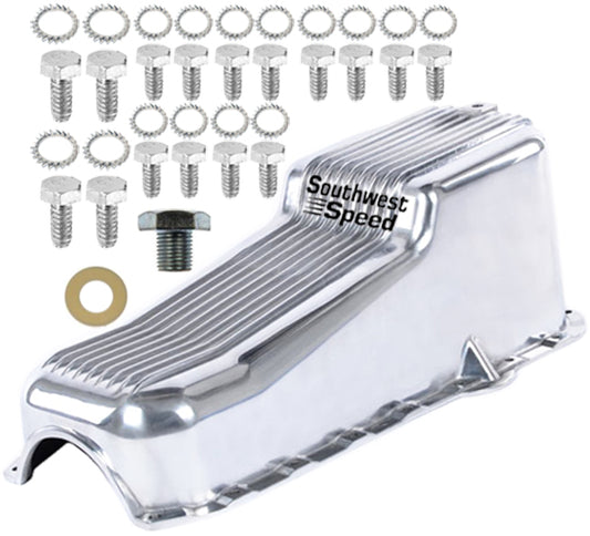OIL PAN,FINNED ALUM,SBC,86+,RIGHT-HAND DIPSTICK