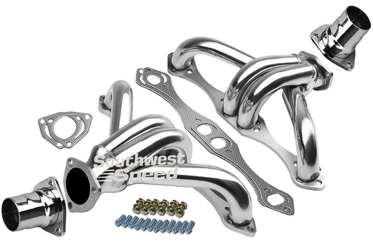 HEADER,SBC,1 1/2" TIGHT,BLOCK HUGGER,STRAIGHT PLUG,2 1/2",POLISH STAINLESS STEEL