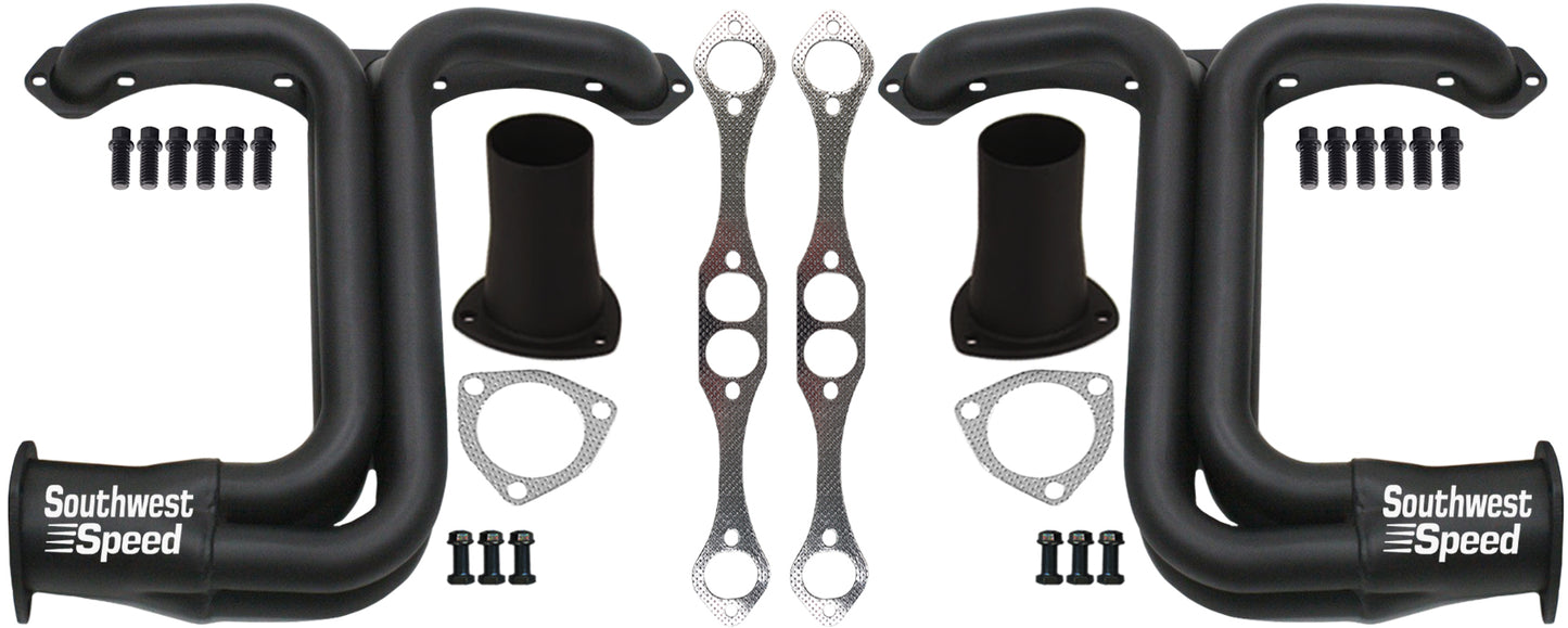 HEADER,SBC,1 1/2",UNDER CHASSIS,28-34 FORD,3",BLACK