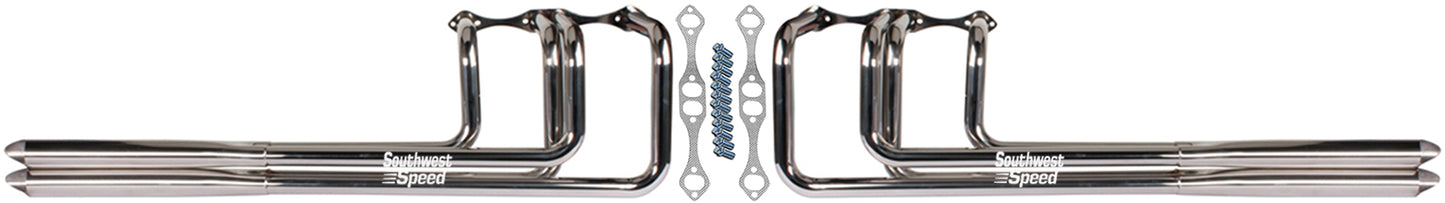 HEADER,SBC,1 1/2",DOUBLE BARREL SHOTGUN,2 1/2",POLISHED STAINLESS STEEL