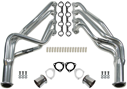 HEADER,SBF,1 1/2",66-73 MUSTANG,FAIRLANE,COUGAR LONG TUBE,3",POLISHED STAINLESS