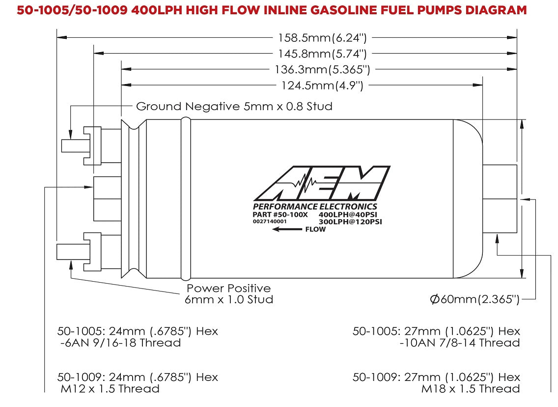 FUEL PUMP,ELECTRIC,INLINE,400LPH,18X1.5 FEMALE IN,12X1.5 MALE OUT,GAS,METHANOL,E