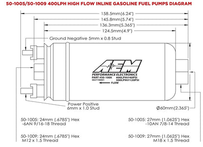FUEL PUMP,ELECTRIC,INLINE,400LPH,18X1.5 FEMALE IN,12X1.5 MALE OUT,GAS,METHANOL,E