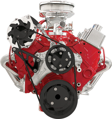SBC,SERPENTINE CONVERSION,BLACK PULLEYS,TOP MOUNT ALTERNATOR BRACKET