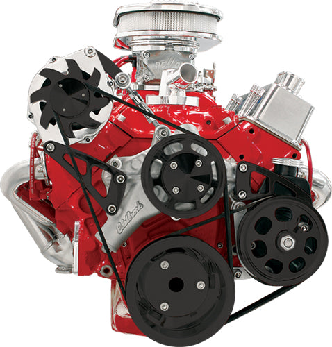 SBC,SERPENTINE CONVERSION,BLACK PULLEYS,TOP MOUNT ALTERNATOR BRKT,PRESS-ON PS