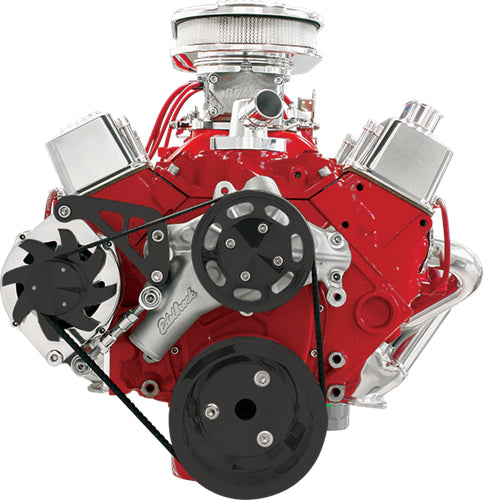 SBC,SERPENTINE CONVERSION,BLACK PULLEYS,MID MOUNT ALTERNATOR BRACKET