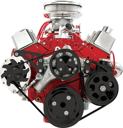 SBC,SERPENTINE CONVERSION,BLACK PULLEYS,MID MOUNT ALTERNATOR BRKT,PRESS-ON PS