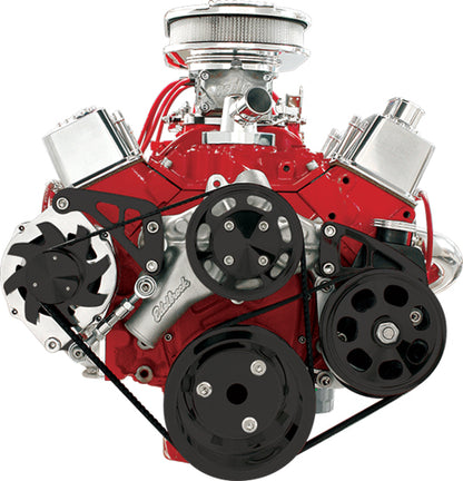 SBC,SERPENTINE CONVERSION,BLACK PULLEYS,MID MOUNT ALTERNATOR BRKT,PRESS-ON PS