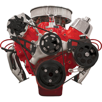 BBC,SERPENTINE CONVERSION,BLACK PULLEYS,TOP MOUNT ALTERNATOR BRKT,KEYWAY PS