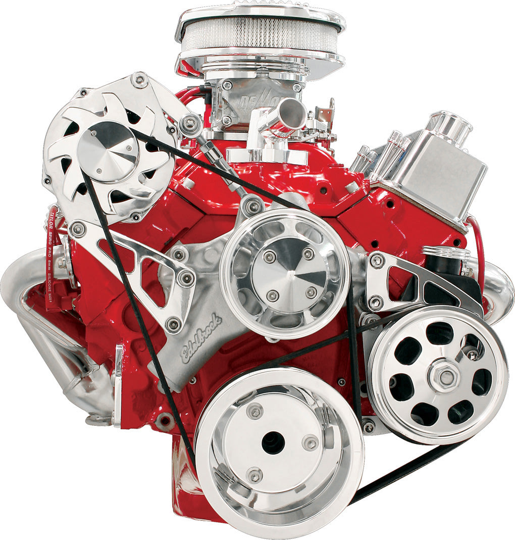 SBC,SERPENTINE CONVERSION,POLISHED PULLEYS,TOP MOUNT ALTERNATOR BRKT,KEYWAY PS