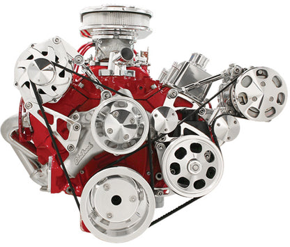 SBC,SERPENTINE CONVERSION,POLISHED PULLEYS,TOP MOUNT ALTERNATOR,PRESS-ON PS,A/C