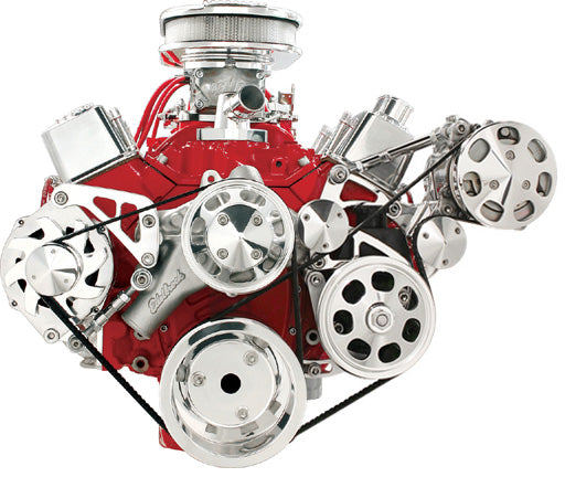 SBC,SERPENTINE CONVERSION,POLISHED PULLEYS,MID MOUNT ALTERNATOR,KEYWAY PS,A/C