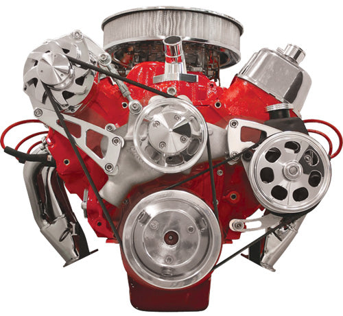 BBC,SERPENTINE CONVERSION,POLISHED PULLEYS,TOP MOUNT ALTERNATOR BRKT,KEYWAY PS