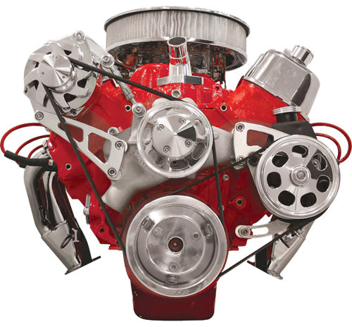 BBC,SERPENTINE CONVERSION,POLISHED PULLEYS,TOP MOUNT ALTERNATOR BRKT,PRESS-ON PS