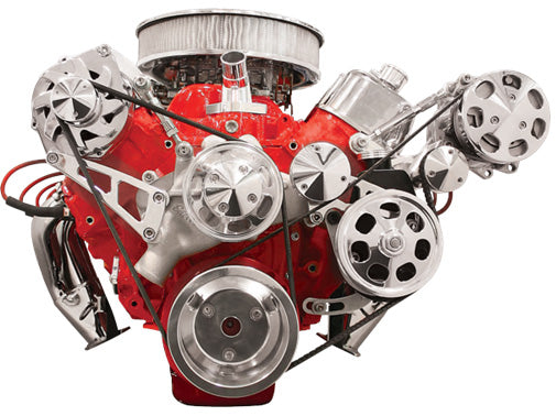 BBC,SERPENTINE CONVERSION,POLISHED PULLEYS,TOP MOUNT ALTERNATOR,PRESS-ON PS,A/C