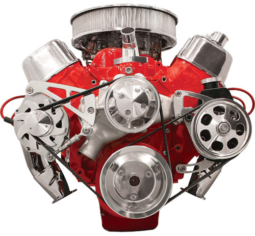 BBC,SERPENTINE CONVERSION,POLISHED PULLEYS,MID MOUNT ALTERNATOR BRKT,PRESS-ON PS