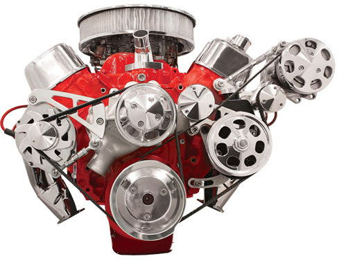 BBC,SERPENTINE CONVERSION,POLISHED PULLEYS,MID MOUNT ALTERNATOR,KEYWAY PS,A/C