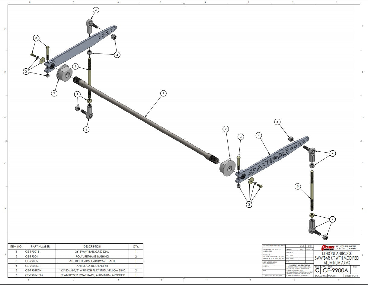 ANTIROCK FRONT SWAY BAR KIT,ALUMINUM,TJ/LJ