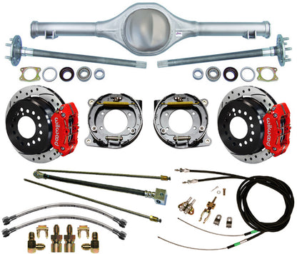 55-57 CHEVY REAR END & WILWOOD 11" DRILLED BRAKES,LINES,CABLES,RED CALIPERS