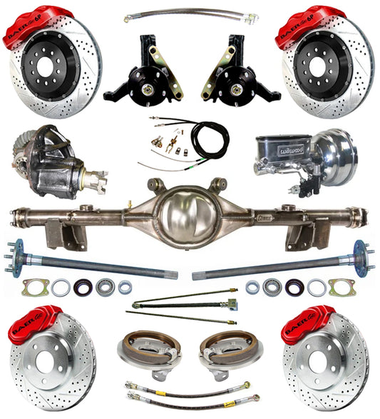 CURRIE REAR END & BAER BRAKES W/SPINDLES,13"/12" DRILLED,RED,71-76 IMPALA